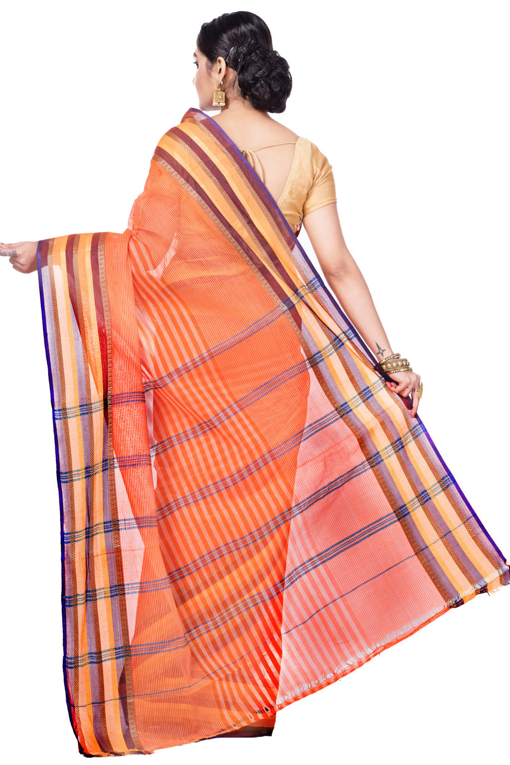 Orange Pure Cotton Khajur_Churi_Strip Tant Saree (656)